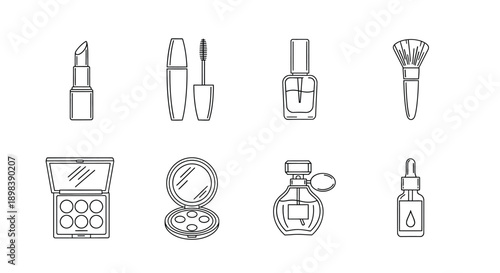 A variety of makeup and beauty products including lipstick, mascara, nail polish, eyeshadow, perfume, and lotion