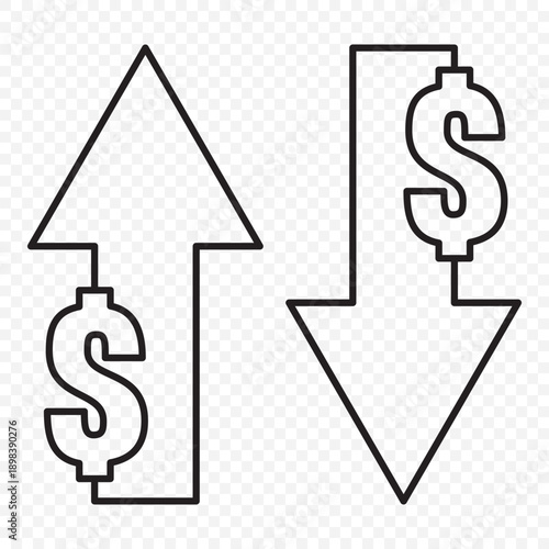 Financial growth and decline illustrated through liner and arrow symbols. Set of various business graph and chart Vector icons on transparent background. EPS 10.