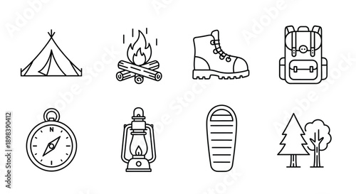 Illustrations of camping gear and nature symbols for outdoor activities