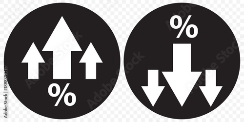 Percent Up and Down Arrow Icons – Navigation, Direction, and UI Symbols. Graph diagram up icon, business growth success chart with arrow, business bar sign, profit growing symbol, progress bar symbol.