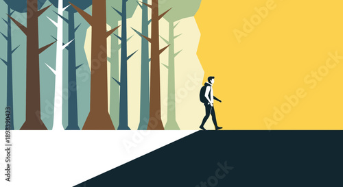 Adventurous Hiker Steps From Forest Into Bright Sunny Sky