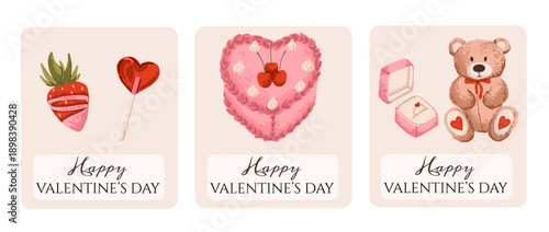 Valentine's Day card and poster set with cake, toy bear and lollipop in heart shape with greeting text