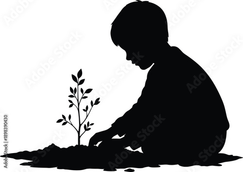 Silhouette of a child planting a young tree in soil, nurturing growth, environmental awareness, nature care, gardening, green future, outdoor activity, eco-friendly, sustainable living