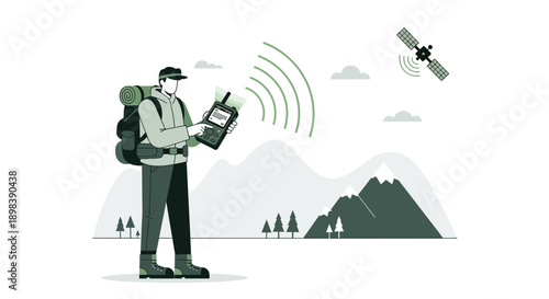 Adventurous Hiker Utilizes Satellite Navigation Device For Outdoor Exploration And Communication
