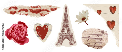 Vintage torn paper with heart and lipstick print. Paper for Valentine's Day collage with realistic flowers