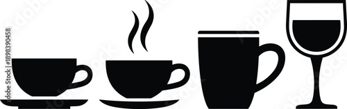 Black silhouette icons of coffee cups, mug, and wine glass on white background Keywords: coffee cup, hot drink, mug, wine glass