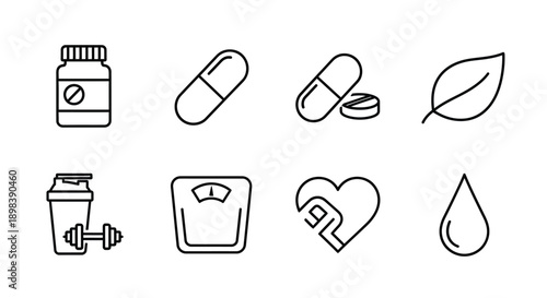 Health and wellness icons representing various aspects of medical care and fitness