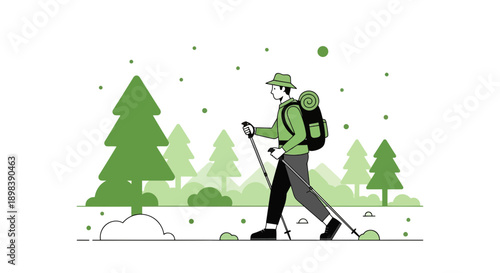 Adventurous Hiker With Backpack Enjoys Solitude In A Green Forest