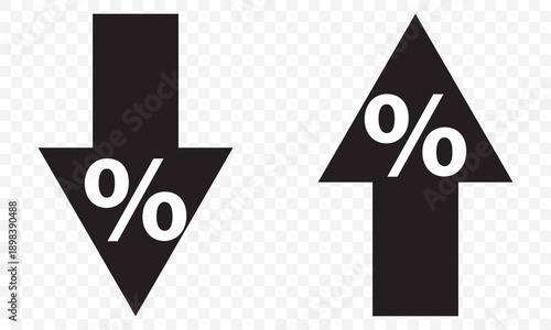 percent arrow up down icon set. Percent increase and decrease icons. Data Analysis sign. Percentage arrow symbol. Rate Fluctuations Symbols in black color On Transparent Background. EPS 10.