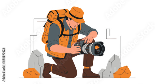 Adventurous Photographer Capturing Scenic Views With Professional Camera Gear