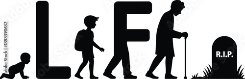 Life cycle evolution from baby to old age with tombstone and RIP inscription Keywords: life cycle, evolution, human stages