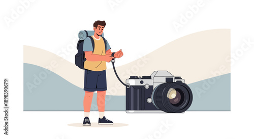 Adventurous Photographer Preparing For A Scenic Journey With Camera