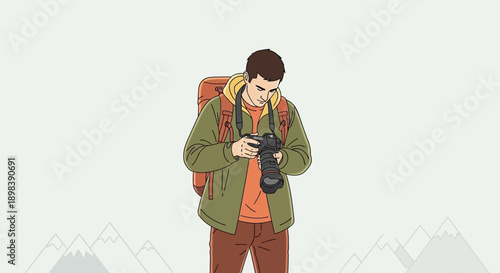 Adventurous Photographer With Camera And Backpack Exploring Mountainous Terrain