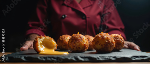 Obraz  z motywem Crispy cheese balls with melted cheese filling, served on dark slate plate. warm, golden brown texture invites indulgence and satisfaction
