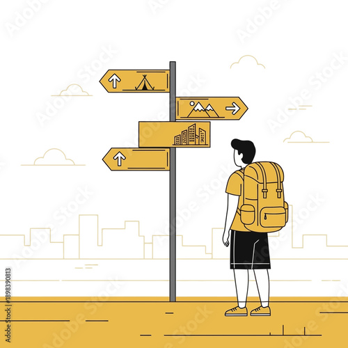 Adventurous Traveler Contemplating Diverse Destinations At A Crossroads Signpost