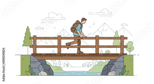 Adventurous Traveler Crosses Wooden Bridge In Scenic Mountain Landscape