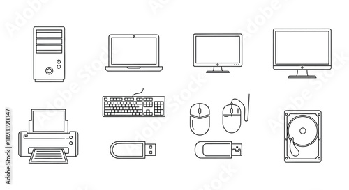 Collection of various computer and electronic devices and accessories