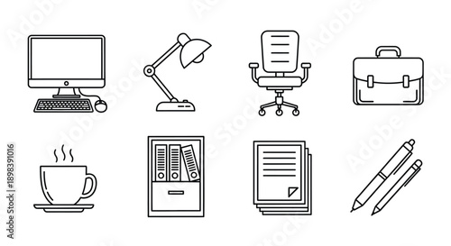 A collection of office and study essentials including a computer, lamp, chair, briefcase, coffee, books, and pencils