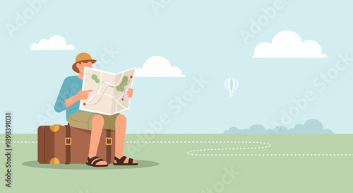 Adventurous Traveler Studying a Map While Sitting on Luggage Under a Sky
