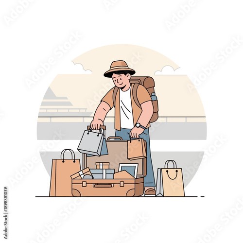 Adventurous Traveler Unpacks Suitcase After Arrival, Surrounded By Shopping Bags and Accessories