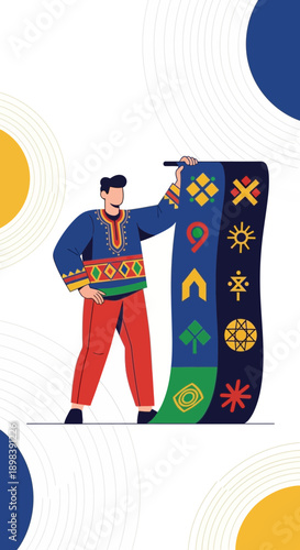 African Man Displays Cultural Symbols on Fabric Scroll Modern Art Illustration