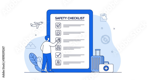 Air Travel Safety Checklist Icon With Medical Kit, Suitcase and Plane Vector Illustration
