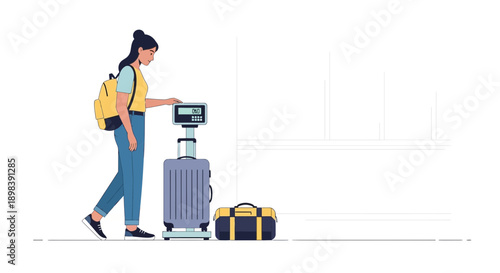 Airport Traveler Weighs Luggage At Counter Before Departure Preparations