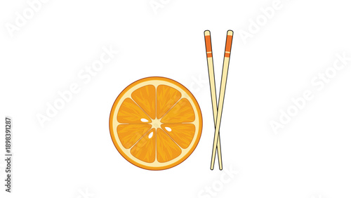 Fresh round orange slice positioned next to a pair of wooden chopsticks isolated on a white background for food concepts.