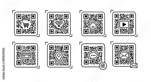 Eight distinct qr codes arranged in a two by four grid pattern.