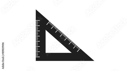 Black silhouette of a triangle ruler with measuring marks isolated on a plain white background for school, office, or engineering themes.