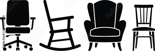 Four Black Chair Silhouettes Office Rocking Wingback and Dining Chairs untitled vector