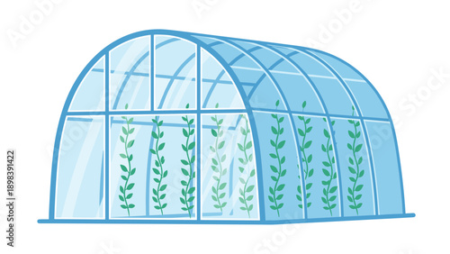 Greenhouse structure with glass panels showing rows of green plants growing inside against a white background for gardening and farm themes.