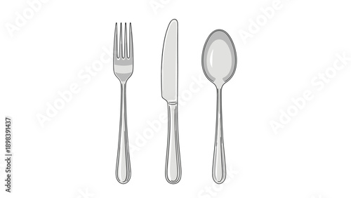 Set of polished silver cutlery including a fork, knife, and spoon arranged vertically side by side on a plain white background for dining.