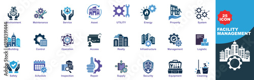 25 Modern facility management icon set featuring sleek blue and white symbols for technology business and data management concepts