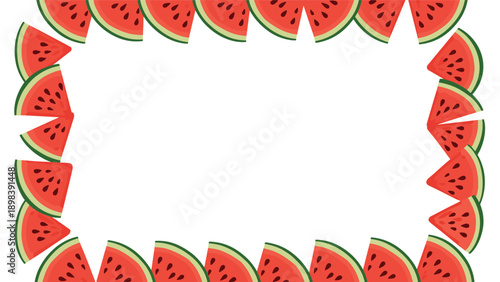 Frame made of various sized watermelon slices with red pulp and green rinds arranged around a white central space for text and summer ads.