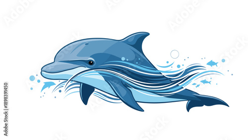 Beautiful blue dolphin swimming through dynamic ocean waves with water splashes and tiny fish in a detailed vector illustration for kids.