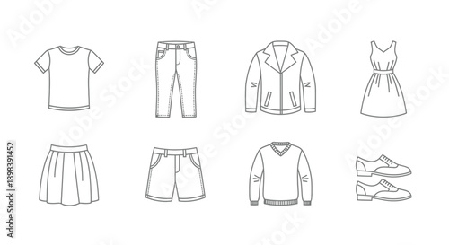 A variety of clothing items including tops, bottoms, and shoes