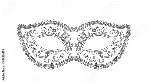 Decorative masquerade mask with intricate patterns and lacy edges shown in black and white line art for coloring or event design projects.
