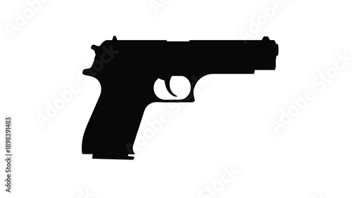 Black silhouette of a handgun or pistol shown in a side profile view against a stark white background for crime, safety, or defense themes.