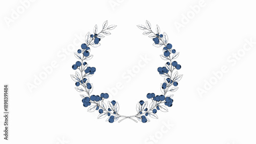 Wreath made of blueberry branches with dark blue berries and detailed leaves arranged in a circular shape on a white background for labels.