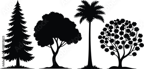 Four black silhouette icons of different types of trees on white background Keywords: tree, pine tree, evergreen, deciduous tree