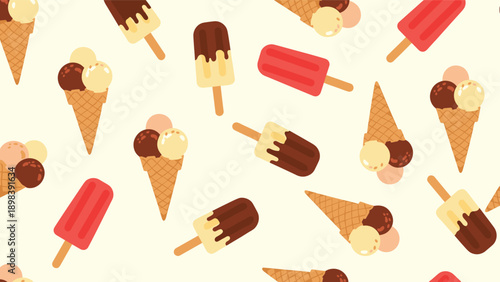 Delicious seamless pattern with colorful ice cream cones and fruit popsicles on a light background perfect for summer themes.