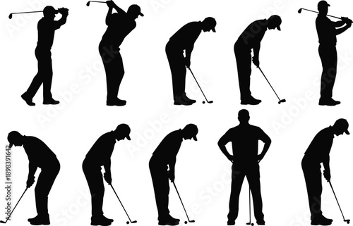 Golf player silhouette sequence showing swing putting and stance positions illustrating professional golfer action poses isolated on white background vector
