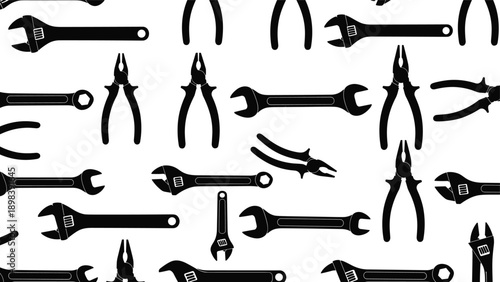 Industrial seamless pattern featuring black silhouettes of various wrenches and pliers tools on a white background for repair services.