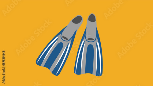 Pair of blue and gray professional diving flippers or swim fins isolated on a vibrant orange background for summer vacation themes.
