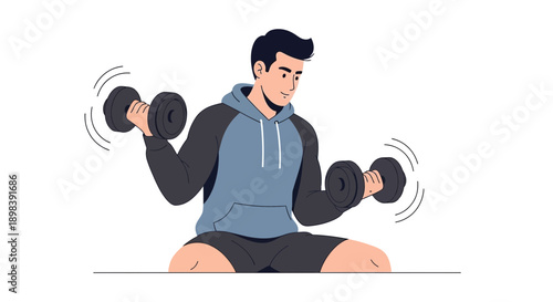 Animated Man Engaged In Focused Dumbbell Arm Curls For Muscle Strength