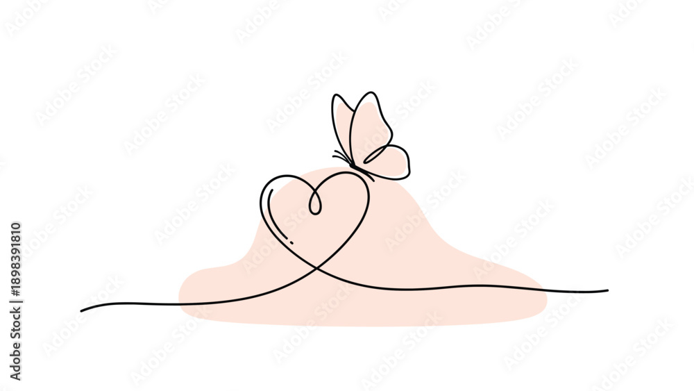 Obraz premium Minimalist continuous line drawing of a heart shape with a small butterfly perched on top against a soft pink background.