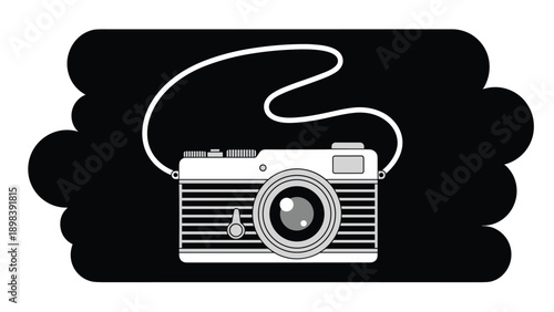 Classic vintage film camera with a long neck strap illustrated in black and white against a dark abstract shape.