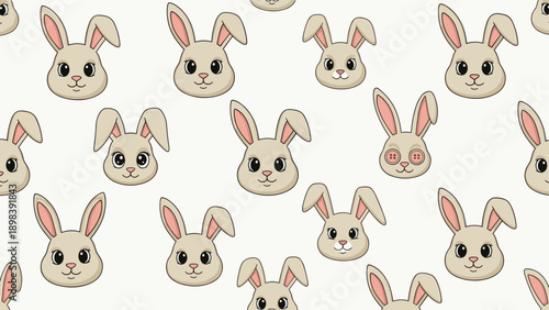 Cute seamless pattern of various bunny rabbit faces with different expressions and button eyes on a light background for easter.