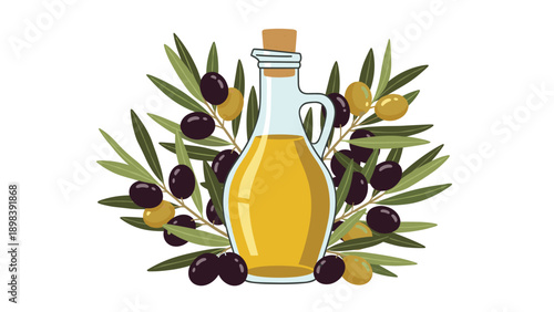 Clear glass carafe filled with golden olive oil surrounded by decorative olive branches with green and black fruits on a white background.